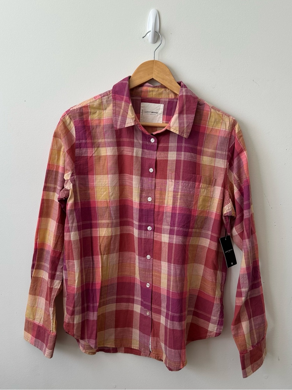 Lucky Brand Pink Cream Plaid Long Sleeves Button Down Shirt Womens Size Small